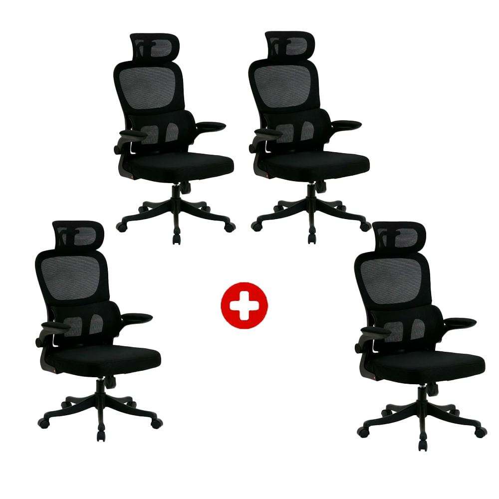 Imagen 1 del producto Combo: 4 Sillas Komsum Turin, ergonómicas de oficina, respaldo con almohadilla cervical 2D, PP + metal, 90kg, estilo ejecutivo, negro